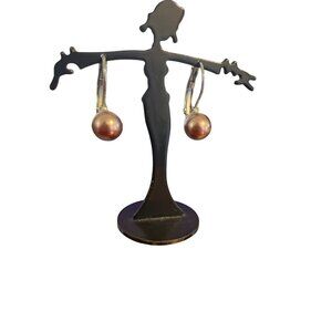 Vtg Silver Tone Leverback Faux Copper Pearl Drop Earrings Leverback .75" Estate